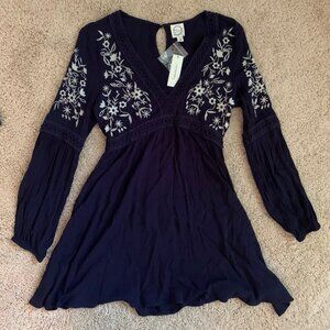 NWT Size M- Francesca's Navy Blue Bell Sleeve Dress with Floral Design